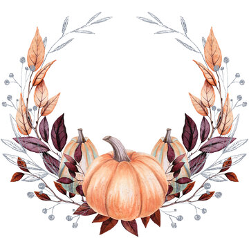 Wreath With Watercolor Pumpkin And Silver Elements