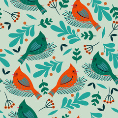 Fototapeta premium Seamless pattern with winter birds and flora. Vector graphics.