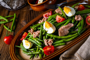 Rustic green bean salad with egg and tuna