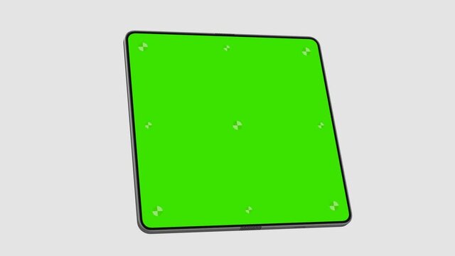 A folding modern smartphone with blank green screen is opening, flies in from the bottom and opens with lighting up the screen. Alpha matte included. 4k 60fps UHD