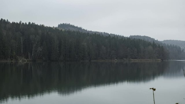 Bewegter Zeitraffer &uuml;ber einen Stausee mit bewaldetem Ufer im Herbst bei Nebelwetter