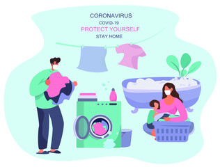 Family Characters Washing Clothes in Washing Machine.Home Household and Wash Clothes.Domestic Work.Putting Clothes in Washing Machine.Every Day Housework Routine during Quarantine.Vector Illustration