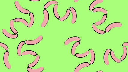 Fototapeta premium sausages on a green background, vector illustration, pattern. roy sausages in natural casing, farm meat. seamless pattern, background, endless pattern