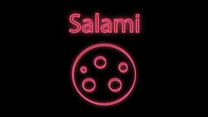 smoked sausage on a black background with holes. delicious salami for dishes and pizza. neon pink sausage. appetizing salami for meals. bright neon sign