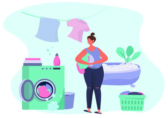 Housewife Washing Clothes in Washing Machine.Home Household and Wash Clothes.Domestic Work.Putting Clothes in Washing Machine.Every Day Housework Routine during Quarantine.Flat Vector Illustration