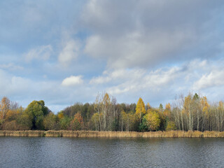 Autumn European landscape. River and forest in November.