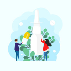Nasal spray with eucalyptus branches. Using sprays to ease breathing during allergy and illness. concept of medicine and treatment of rhinitis and allergies. Otolaryngology concept. 
