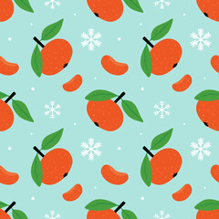 Cute cartoon style vector seamless pattern background with tangerine, clementine, mandarin orange fruits and snowflakes for winter design.