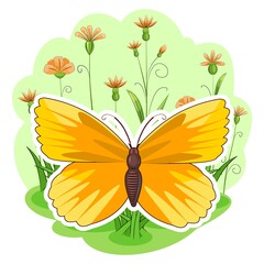 Yellow butterfly on the background of a blooming summer meadow. Grass, flowers. Landscape in cartoon style. Bright beautiful composition. Isolated object on white. Vector.
