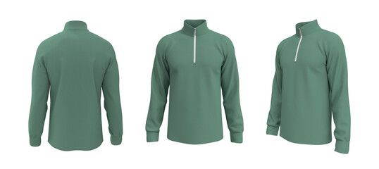 Blank tracktop shirt mockup, track front, side and back view, 3d illustration, 3d rendering