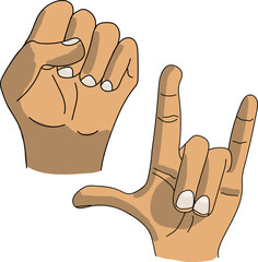 Hands showing fist and rock goat, primitives, children's drawing from art school