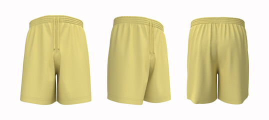 Blank sweat shorts mockup in front, back and side views. 3d rendering, 3d illustration.