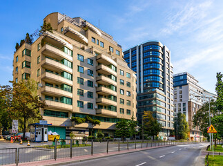 Panoramic view of Srodmiescie business district along Grzybowska street with Grzybowska 12/14 office and residential plaza in Warsaw, Poland