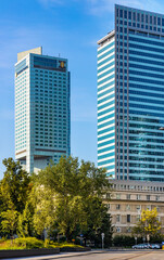 Intercontinental Hotel tower and Warsaw Financial Center WFC office skyscraper at Emili Plater street in downtown Srodmiescie district in city center of Warsaw, Poland