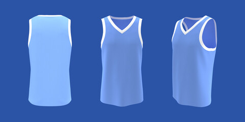 Blank v-neck sleeveless t-shirt mockup in front, side and back views, design presentation for print, 3d illustration, 3d rendering