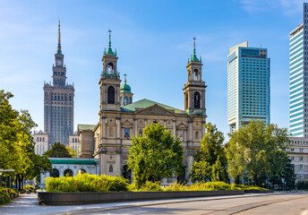 Downtown Srodmiescie district and Grzybowski square with All Saints church and Culture and Science Palace PKiN and Intercontinental hotel in Warsaw, Poland - obrazy, fototapety, plakaty