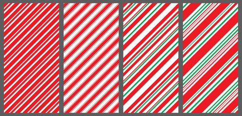 Candy cane pattern set. Collection of diagonal christmas backgrounds. Red, white and green stripes seamless wrapping paper. Holiday backdrop in classic style.