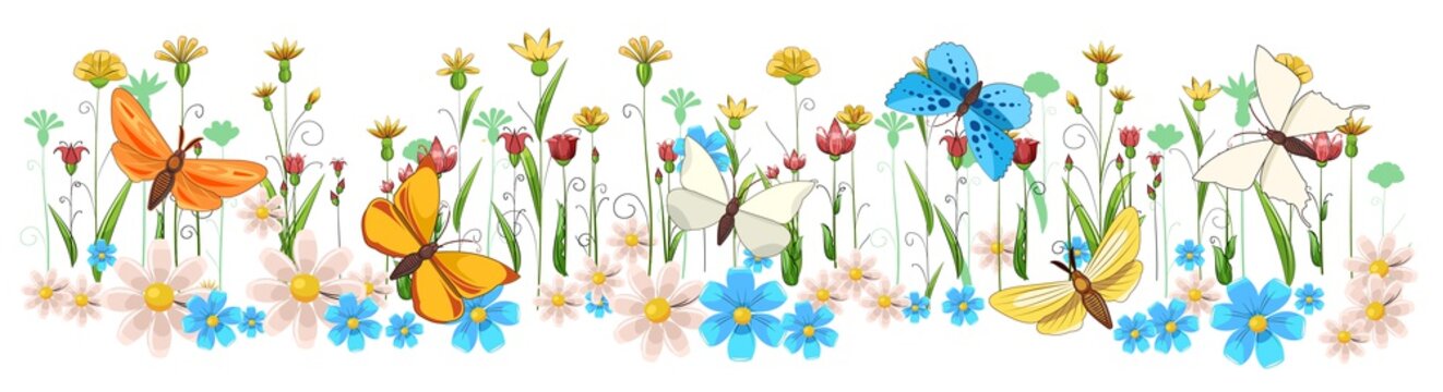 Blooming meadow with grass and flowers. Scenery. Cartoon style. Romantic fabulous illustration. Isolated on white background. Beautiful natural view. Wild plant nature. Rural scene. Vector