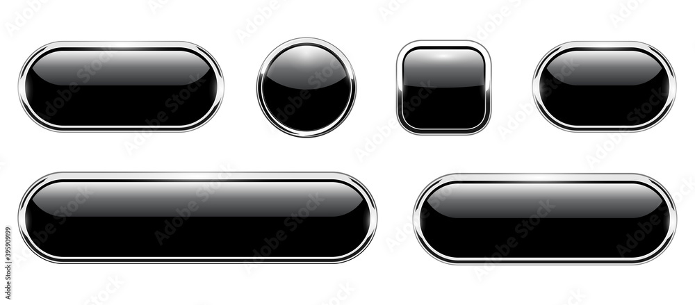 Poster Black shiny buttons set, glossy isolated icons with metallic chrome elements, vector illustration.