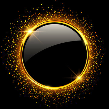 Golden button with sparkling glitter on black background. Vector luxury golden design