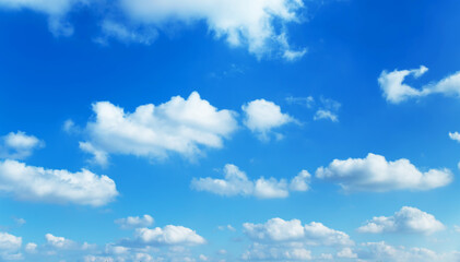 Naklejka na ściany i meble Sunny background, blue sky with white cumulus clouds 