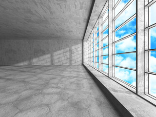 Concrete room wall construction on cloudy sky background