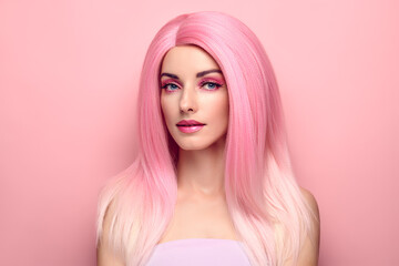 Beauty Fashion woman with Colorful Pink Dyed Hair. Girl with blue eyes, perfect Makeup and Hairstyle. Beautiful smiling model portrait, fashionable pink make up, hair. Skincare concept