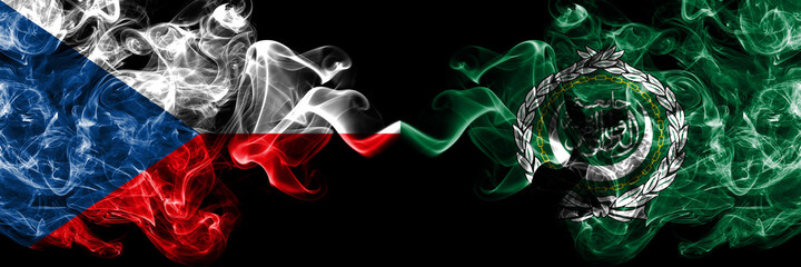 Czech Republic, Czech vs Arab League smoky mystic flags placed side by side. Thick colored silky abstract smoke flags.