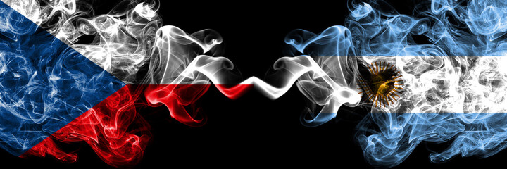 Czech Republic, Czech vs Argentina, Argentinian, Argentine smoky mystic flags placed side by side. Thick colored silky abstract smoke flags. © Vlad