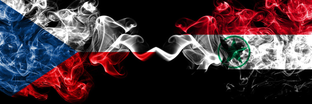 Czech Republic, Czech vs Arabistan, Democratic Revolutionary Front for the Liberation of Arabistan smoky mystic flags placed side by side. Thick colored silky abstract smoke flags.