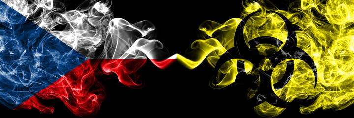 Czech Republic, Czech vs Biohazard, Virus, Covid smoky mystic flags placed side by side. Thick colored silky abstract smoke flags.