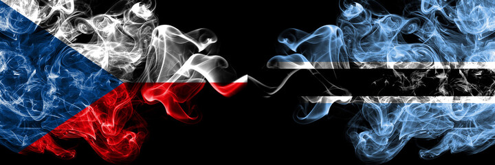 Czech Republic, Czech vs Botswana, Batswana smoky mystic flags placed side by side. Thick colored silky abstract smoke flags.