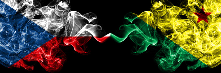 Czech Republic, Czech vs Brazil states Acre smoky mystic flags placed side by side. Thick colored silky abstract smoke flags.