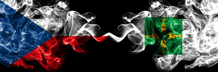 Czech Republic, Czech vs Brazil states, Distrito Federal smoky mystic flags placed side by side. Thick colored silky abstract smoke flags.