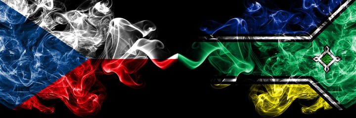Czech Republic, Czech vs Brazil, Brazilian, Amapa smoky mystic flags placed side by side. Thick colored silky abstract smoke flags.