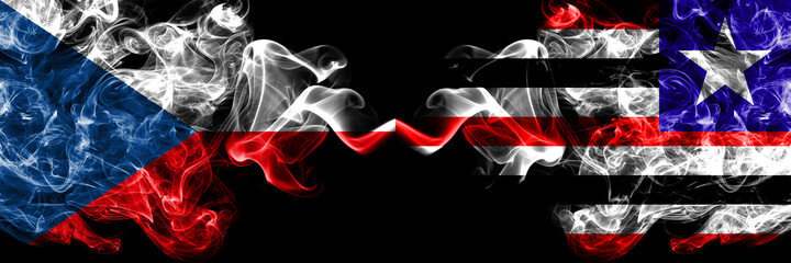 Czech Republic, Czech vs Brazil, Brazilian, Maranhao smoky mystic flags placed side by side. Thick colored silky abstract smoke flags.