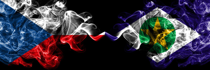 Czech Republic, Czech vs Brazil, Brazilian, Mato Grosso smoky mystic flags placed side by side. Thick colored silky abstract smoke flags.