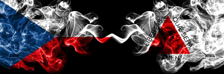Czech Republic, Czech vs Brazil, Brazilian, Minas Gerais smoky mystic flags placed side by side. Thick colored silky abstract smoke flags.