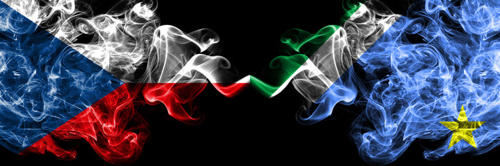 Czech Republic, Czech vs Brazil, Brazilian, Mato Grosso do Sul smoky mystic flags placed side by side. Thick colored silky abstract smoke flags.