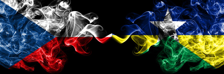 Czech Republic, Czech vs Brazil, Brazilian, Rondonia  smoky mystic flags placed side by side. Thick colored silky abstract smoke flags.