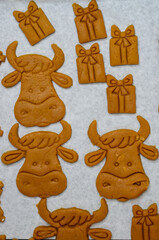 making homemade cookies from dough in the shape of the symbol of the year cow or bull, home hobby during quarantine baking concept