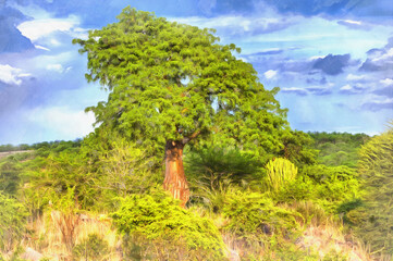 Savanna landscape colorful painting looks like picture, Tanzania, East Africa.