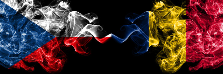 Czech Republic, Czech vs Chad, Chadian smoky mystic flags placed side by side. Thick colored silky abstract smoke flags.