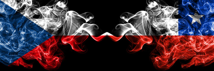 Czech Republic, Czech vs Chile, Chilean smoky mystic flags placed side by side. Thick colored silky abstract smoke flags.