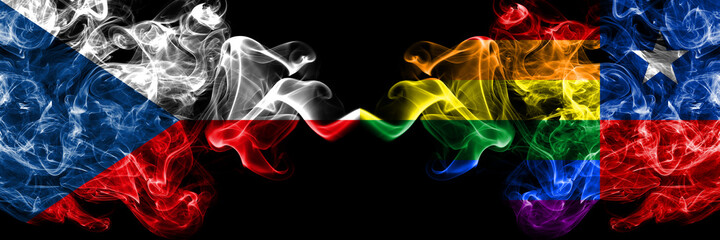 Czech Republic, Czech vs Chile, Chilean, Gay smoky mystic flags placed side by side. Thick colored silky abstract smoke flags.