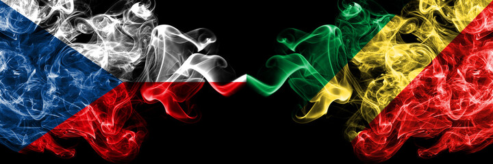 Czech Republic, Czech vs Congo, Congolese smoky mystic flags placed side by side. Thick colored silky abstract smoke flags.