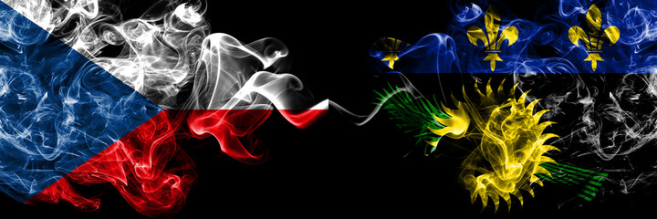 Czech Republic, Czech vs France, French, Guadeloupe smoky mystic flags placed side by side. Thick colored silky abstract smoke flags.