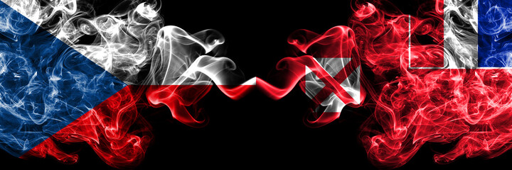 Czech Republic, Czech vs France, French, Wallis and Futuna smoky mystic flags placed side by side. Thick colored silky abstract smoke flags.