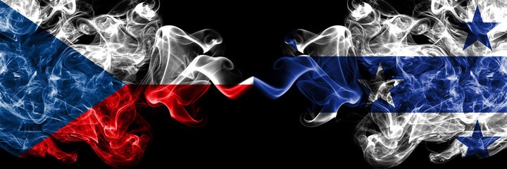 Czech Republic, Czech vs Gambier Islands smoky mystic flags placed side by side. Thick colored silky abstract smoke flags.