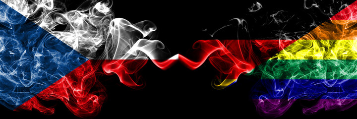 Czech Republic, Czech vs Germany, German, Gay, Pride smoky mystic flags placed side by side. Thick colored silky abstract smoke flags.